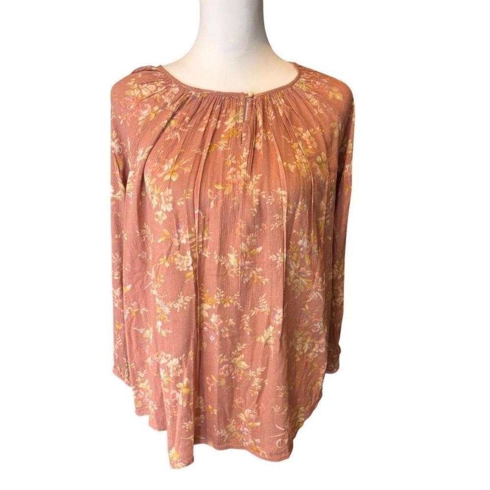 Chaps Womens‎ Long Sleeve Floral Blouse Rose Terracotta Boho Keyhole Top S